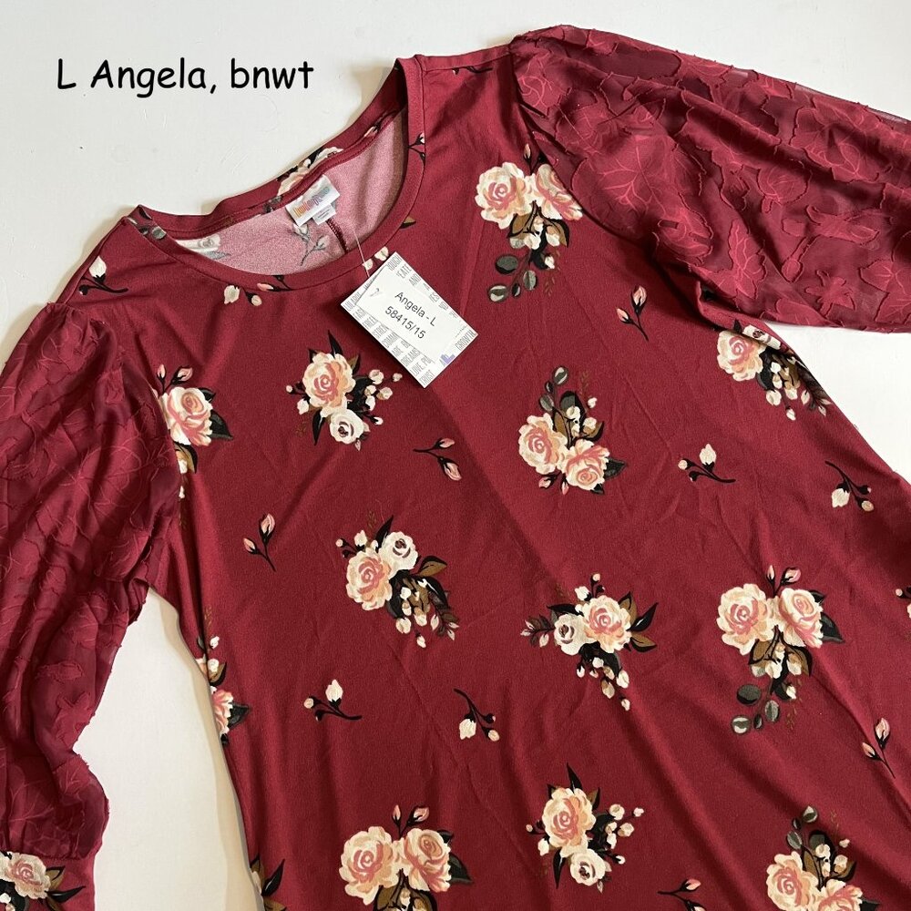 Large Lularoe Angela mixed-media dress, red with pink roses